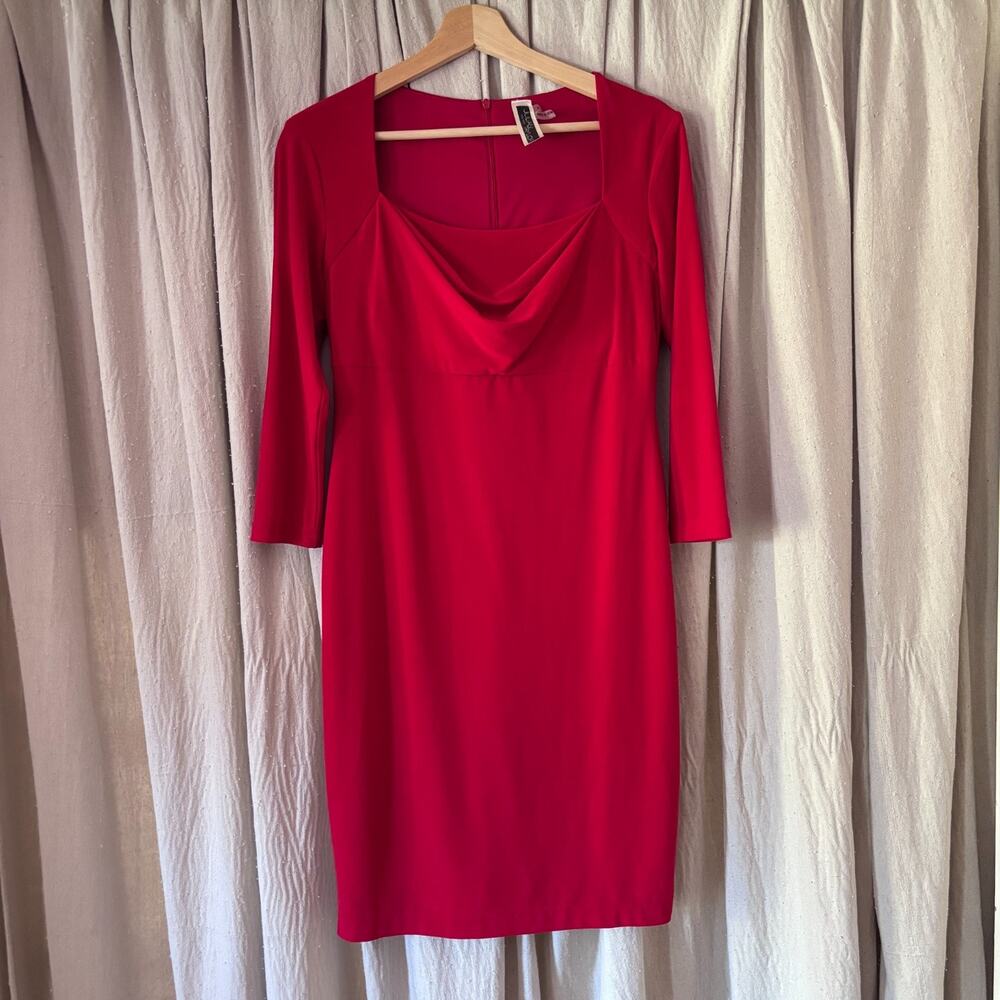 Julian Taylor New York Red Cowl Neck Sheath Bodycon Dress 3/4 Sleeve Size 4